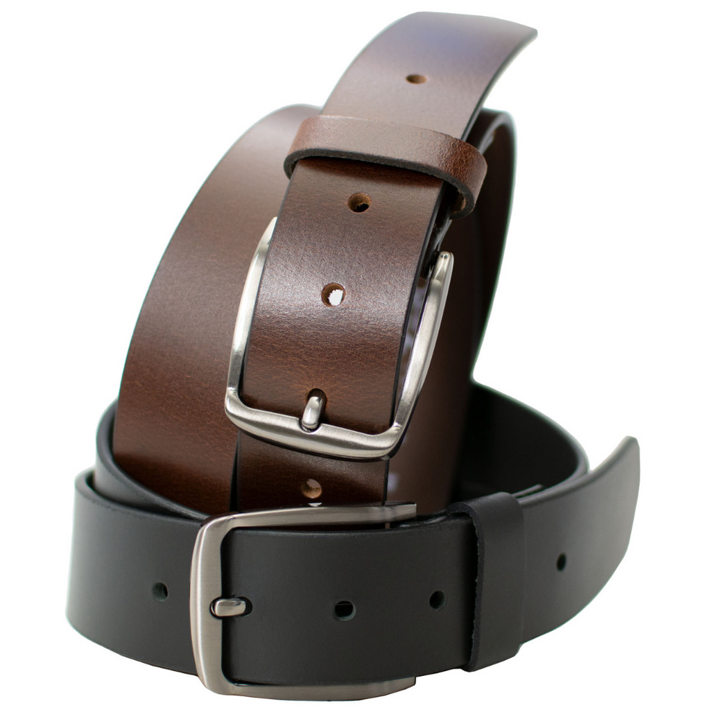 Millennial Black and Brown Leather Belt Set. Thin, nickel-free buckle sewn directly to belt straps.