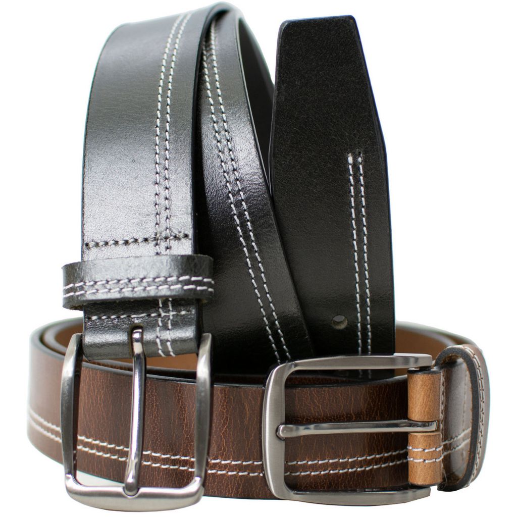 Millennial Stitched Leather Belt Set (Black and Brown) by Nickel Zero. One brown belt, one black.