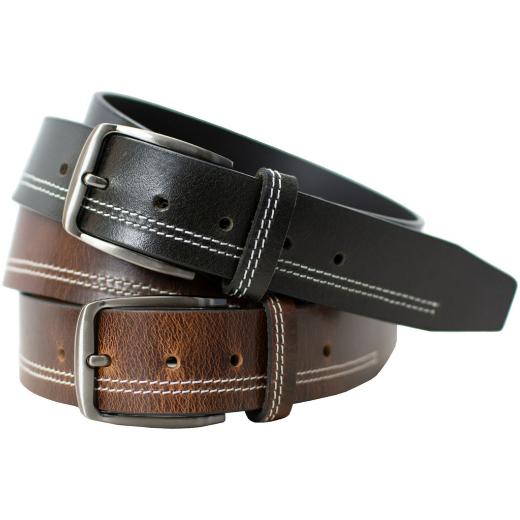 Millennial Stitched Leather Belt Set (Black and Brown). 2 lines of white stitching across the strap.