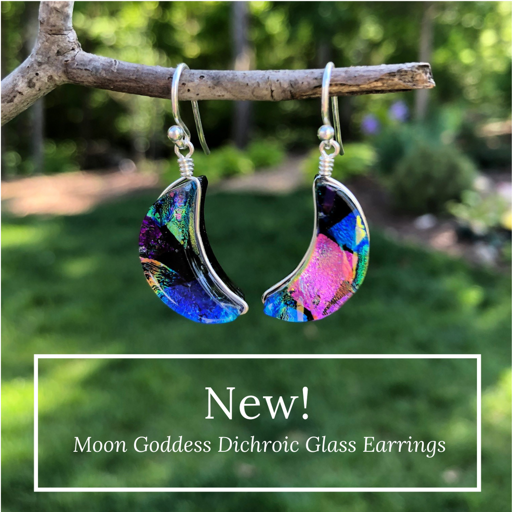 New! Moon Goddess Dichroic Glass earrings. Made in USA. Nickel Free and Hypoallergenic earrings