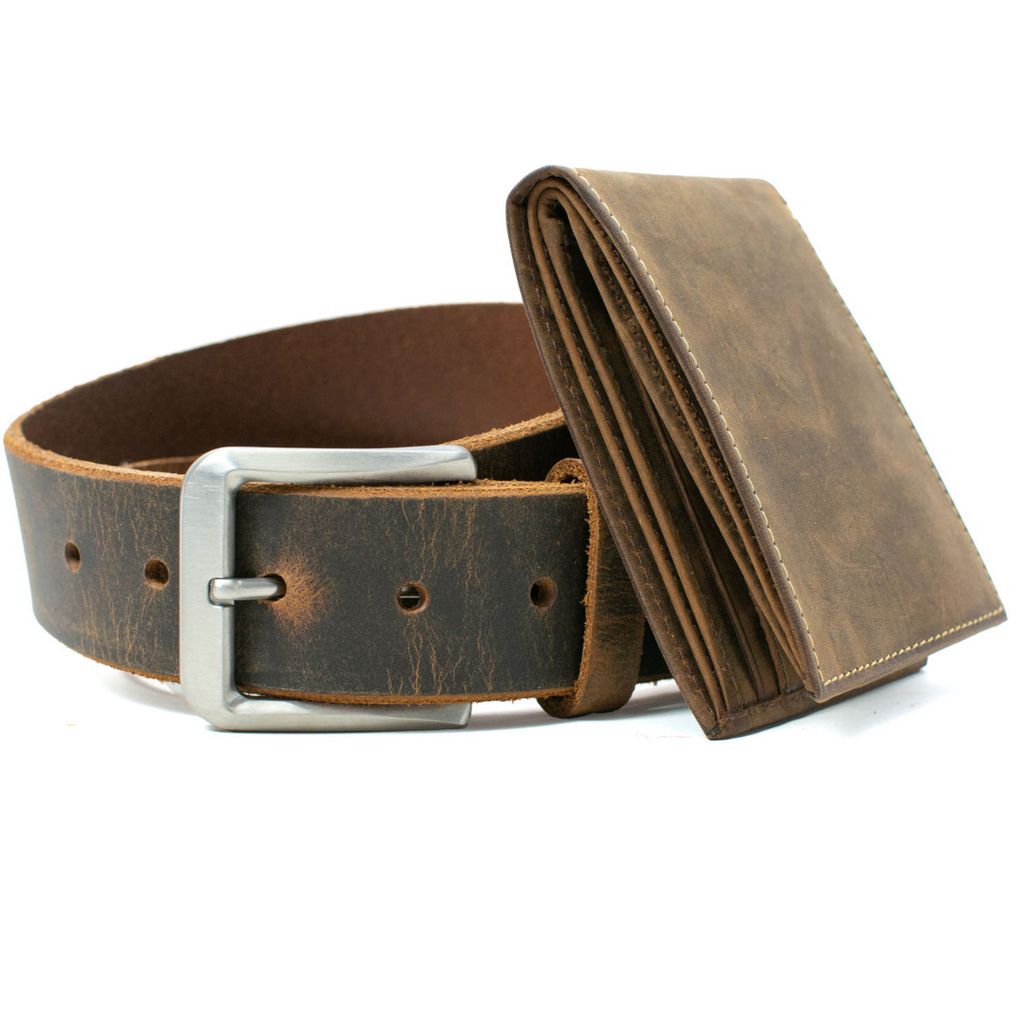Mt. Pisgah Titanium Distressed Leather Belt & Wallet Set | Brown belt with bifold wallet