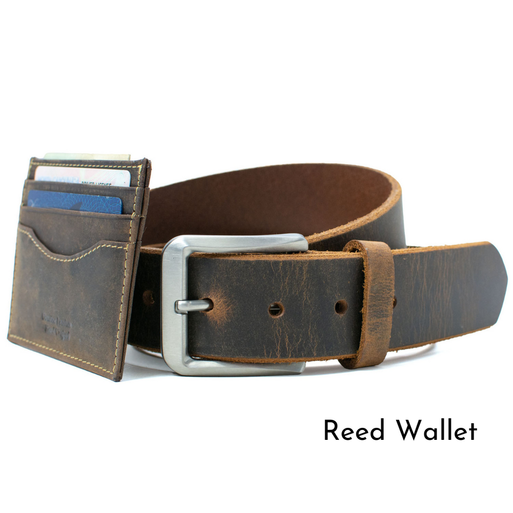 Reed Wallet leaning against Mt. Pisgah Belt. Same comfortable brown leather. Casual and durable.