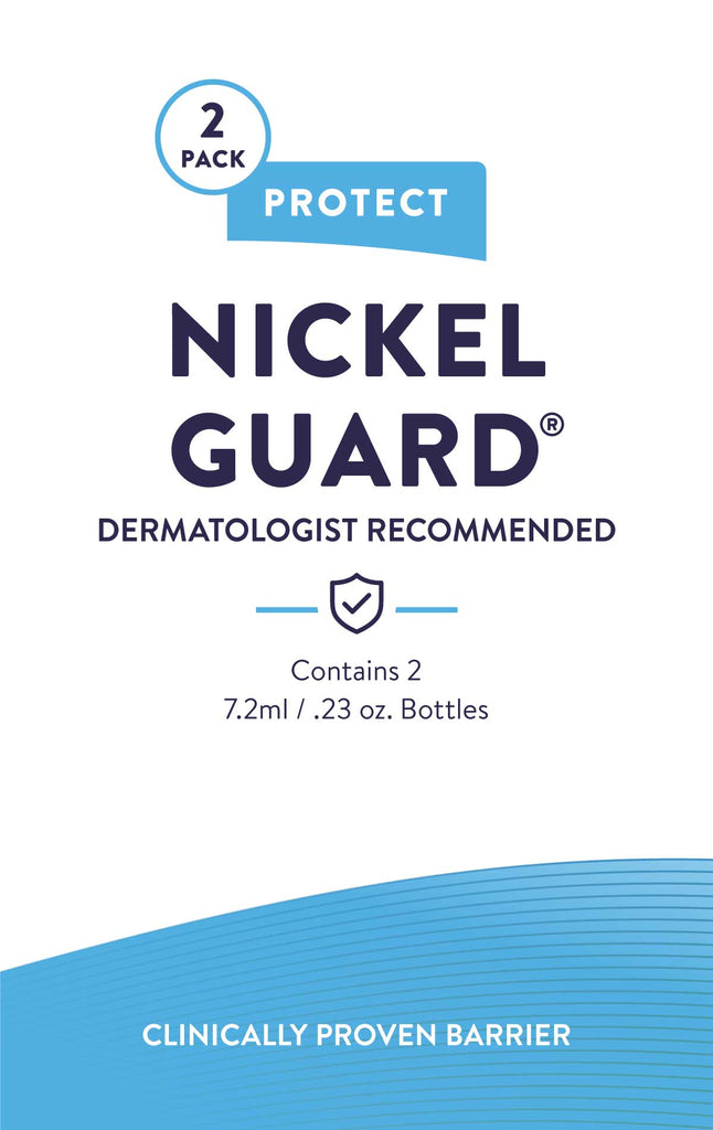 Nickel Guard packaging. Dermatologist recommended. Contains 2 1 7.2ml bottle sof Nickel Guard.