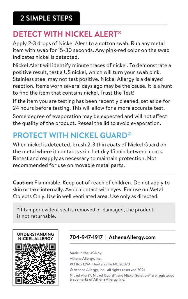 Nickel Alert and Nickel Guard product instructions and Athena Allergy contact information.