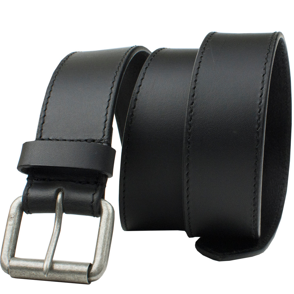 Outback Black Leather Belt. Decorative single stitch edges on a solid strap of full grain leather