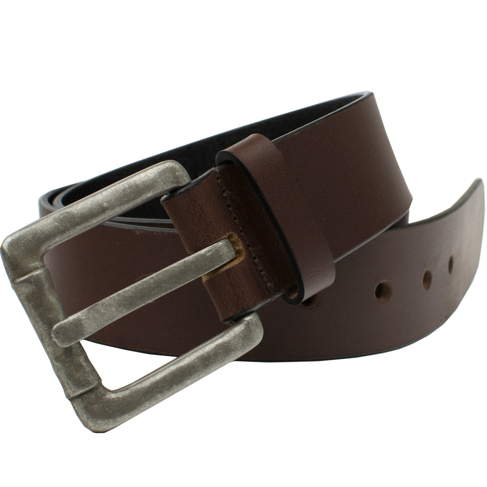 Pathfinder Brown Leather Belt. Large, square buckle with slightly rounded corners, stitched to strap