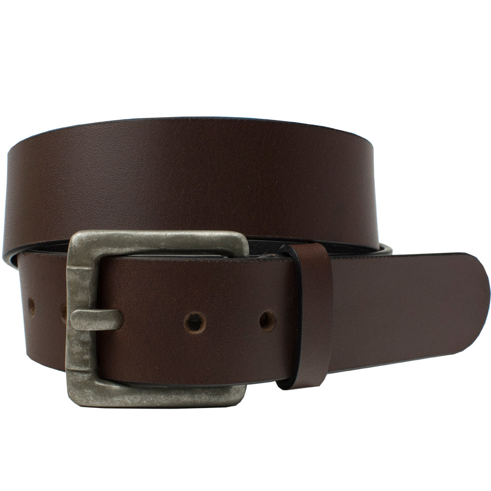 Pathfinder Brown Leather Belt. Rustic finish on buckle set against smooth brown leather strap