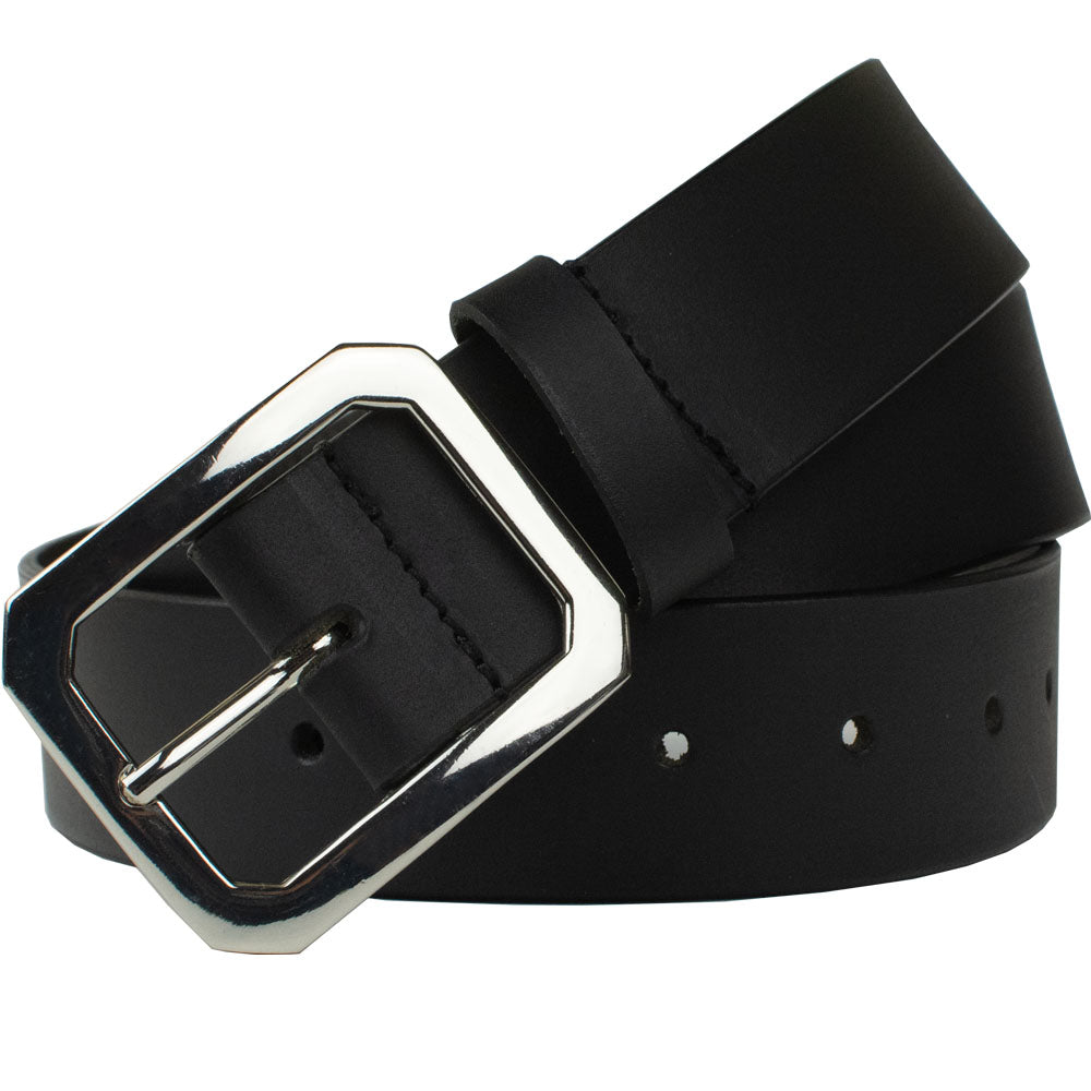 Peacekeeper Black Leather Belt. Rectangular buckle, octagonal corners. Bright silver tone, 1.5 inch
