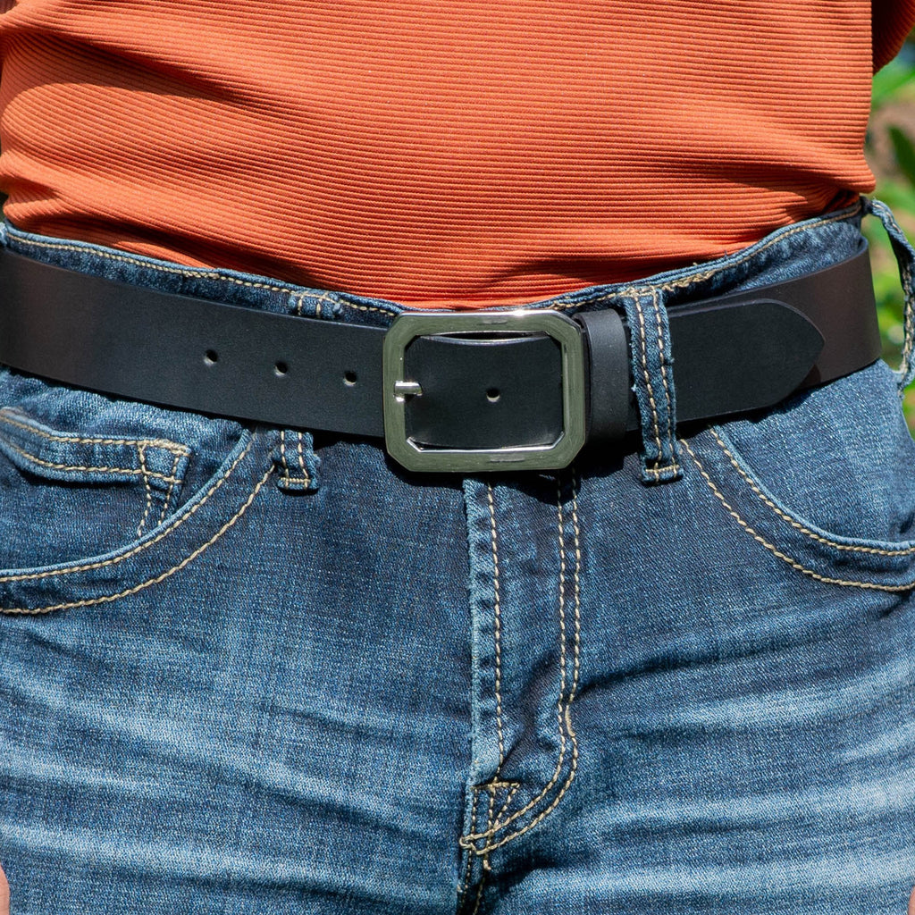 Peacekeeper Belt on model. Bold casual style; works well with jeans. 1.5 inches (38 mm) in width.