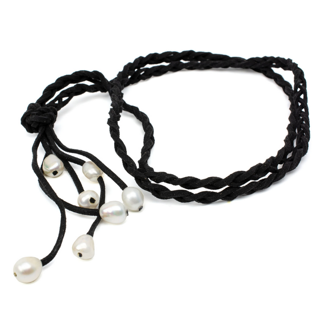 Mountain Laurel Freshwater Pearl and Suede Necklace by Nickel Smart. Black suede, white pearls.