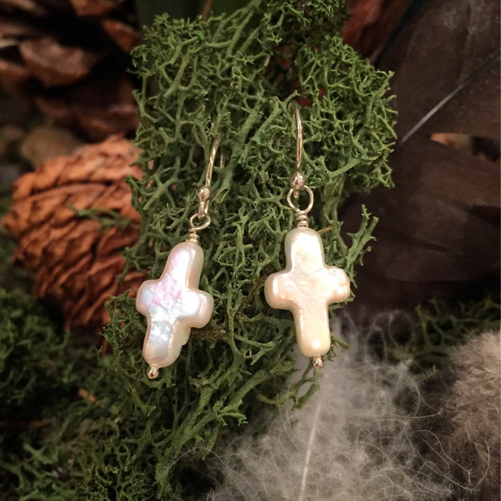 Morning Glory Freshwater Pearl Cross Earrings with natural elements. Iridescent pearl dangles.