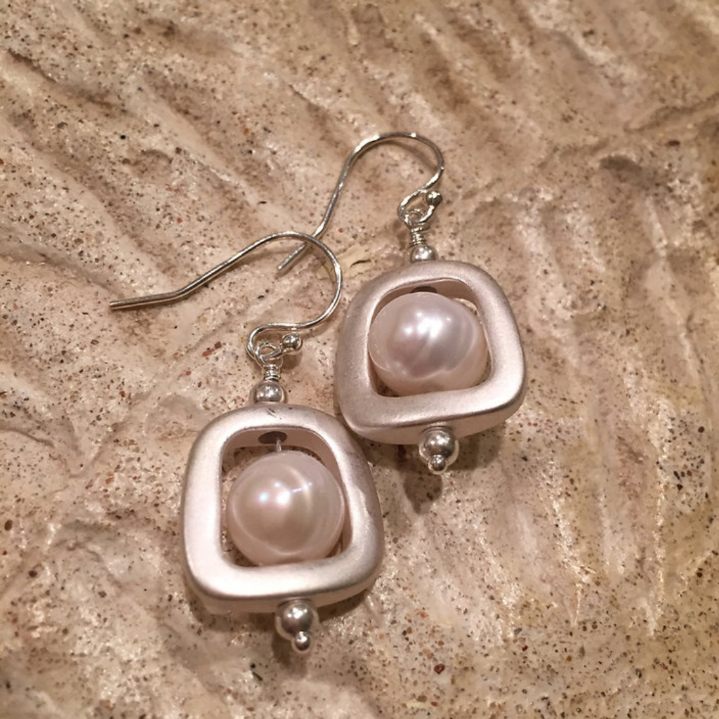 Dogwood Freshwater Pearl Dangle Earrings. French hooks made from sterling silver. Nickel Free