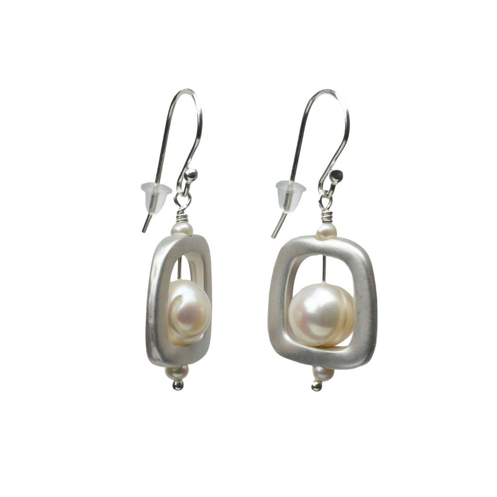 Dogwood Freshwater Pearl Dangle Earrings by Nickel Smart® | Geometric silver squares with pearls.