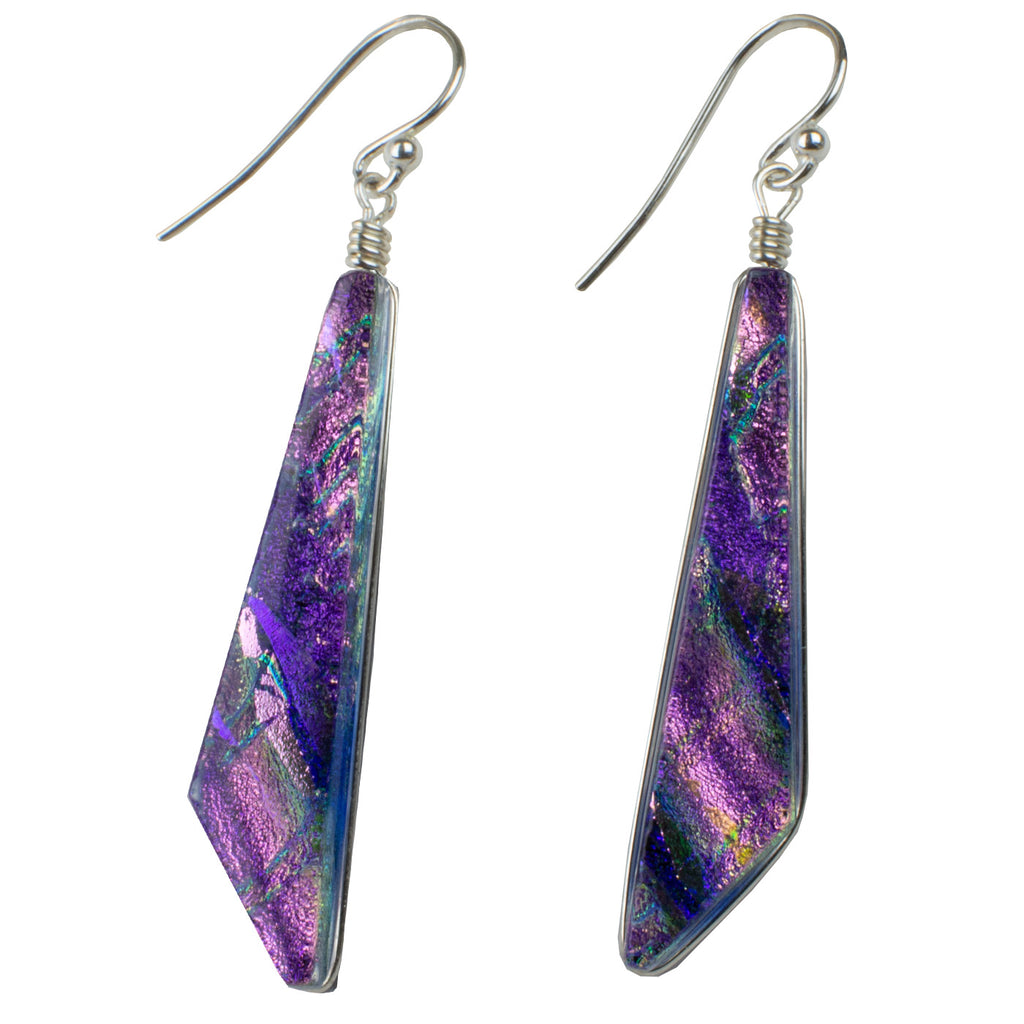 Silver French hook.  1.75 inch drop or dangle earrings. Mixed purple glass.  Nickel Free. USA