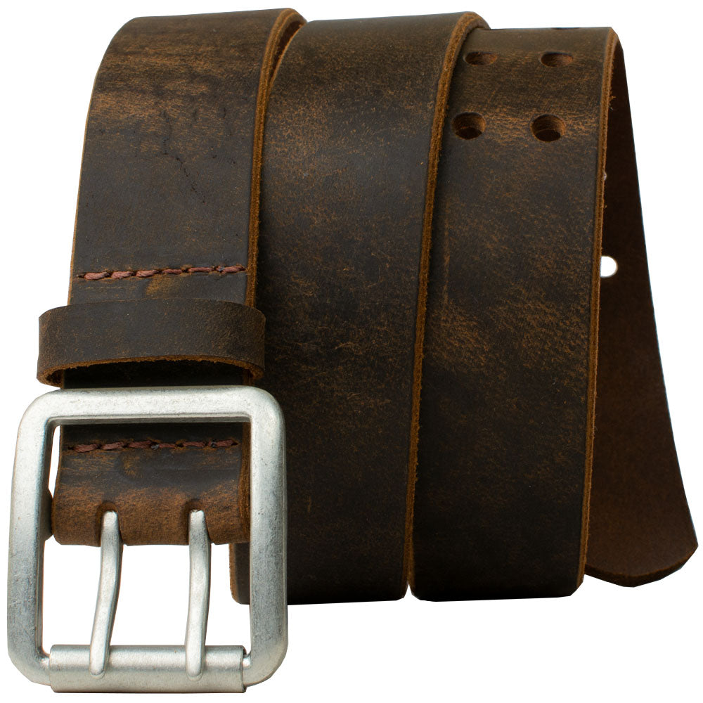Ridgeline Trail Distressed Brown Leather Belt by Nickel Smart. Unique buckle, distressed strap