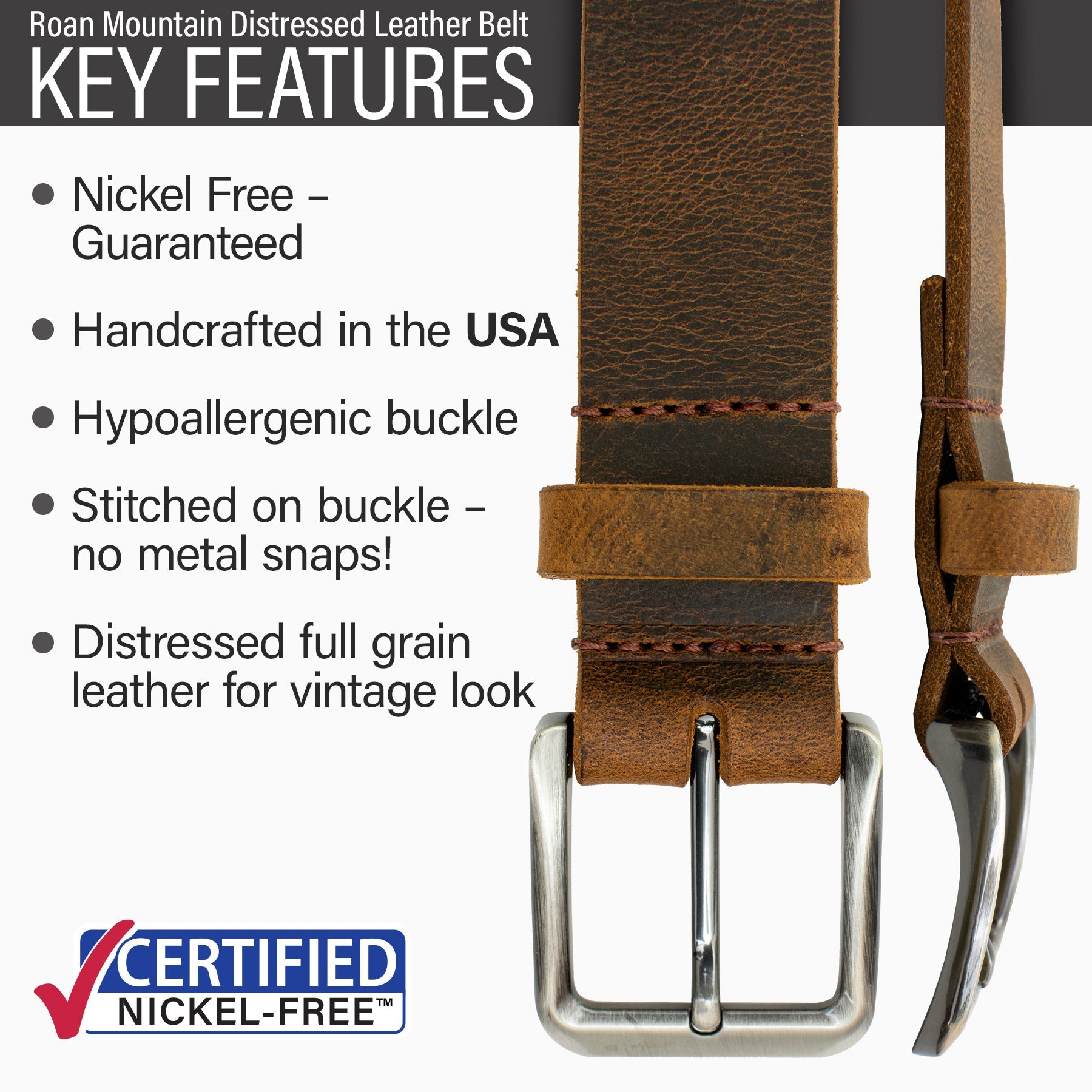 Roan Mountain Distressed Leather Belt, Nickel Free Belt