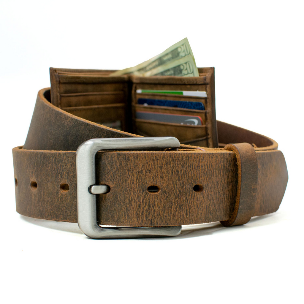 Randolph Wallet open inside of Roan Mountain Belt. Matching brown distressed leather.