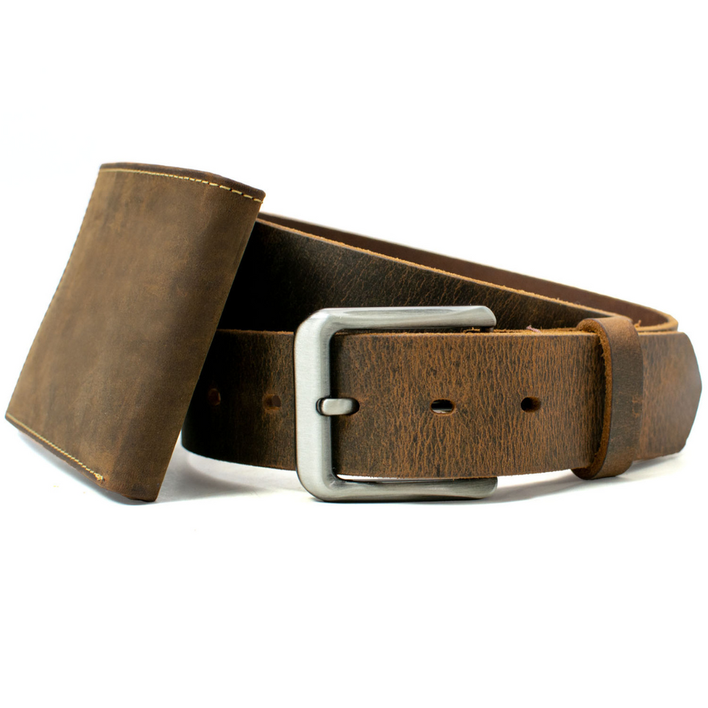 Roan Mountain Distressed Leather Belt and Wallet Set by Nickel Smart. Bifold wallet option.