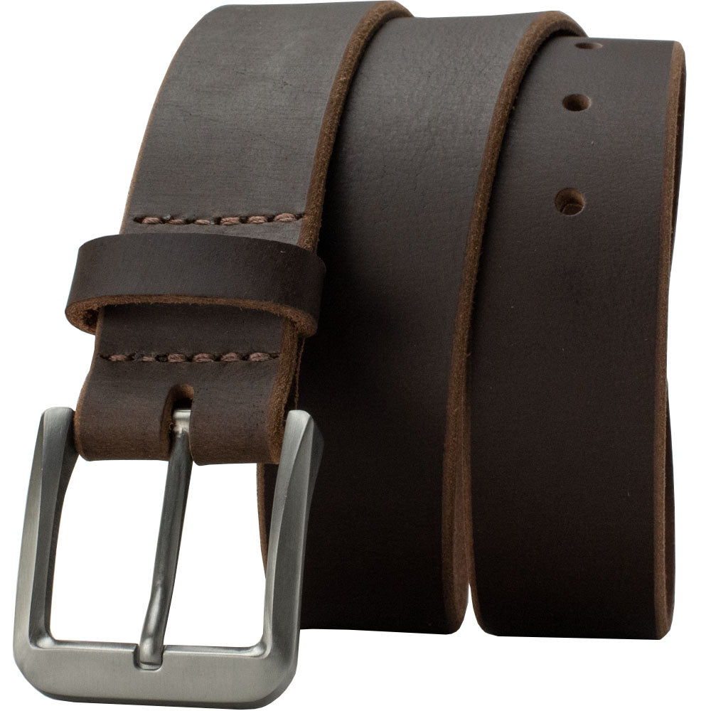 Roan Mountain Titanium Belt by Nickel Smart. Soft, brown leather belt; brushed satin titanium buckle