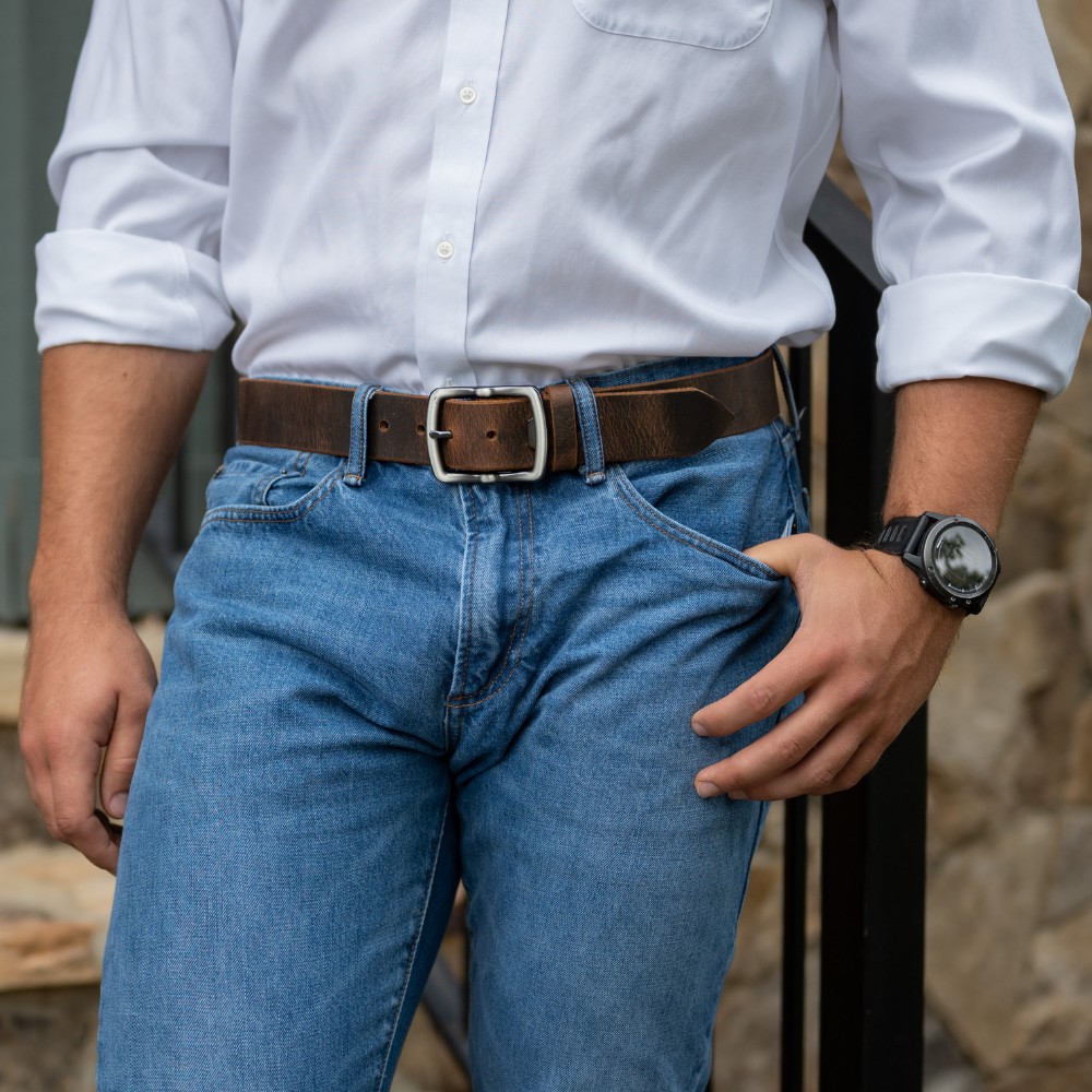 Rocky River Brown Distressed Belt on model. Casual 1½ inch (38 mm) wide belt, great for jeans