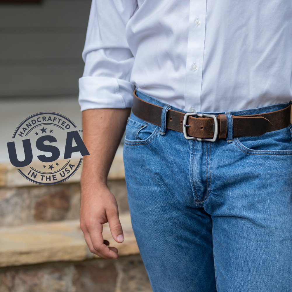 Rocky River Brown Distressed Belt on a model. Handcrafted in the USA. High-quality casual belt