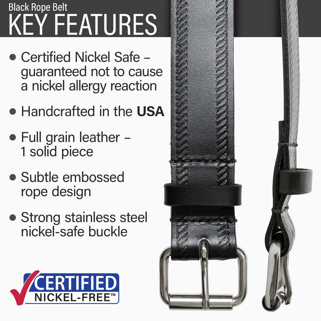 Strong hypoallergenic buckle, handmade in USA, Nickel Safe, full grain leather, subtle rope design