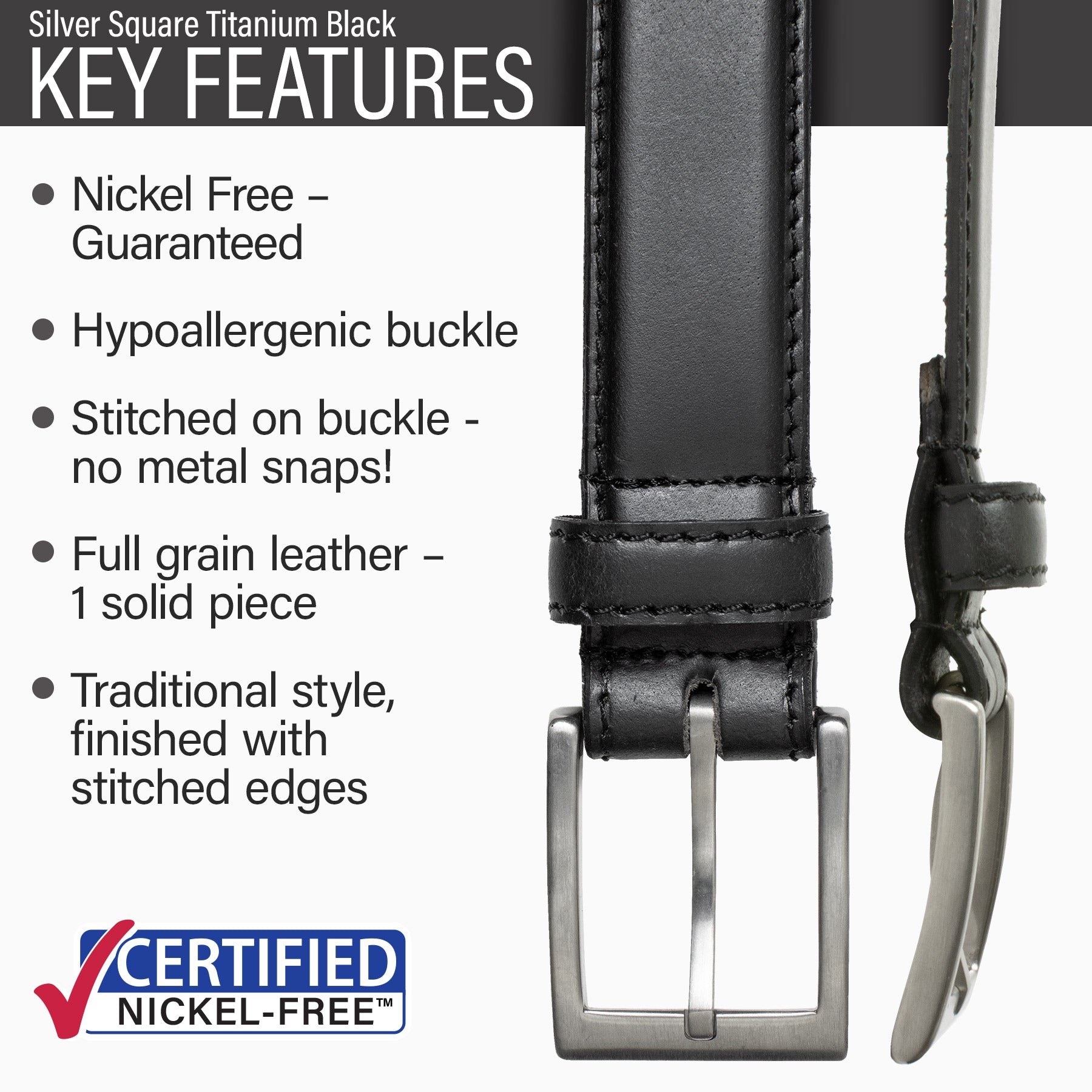 Silver Square Titanium Black Leather Belt | Dress Belt with Titanium