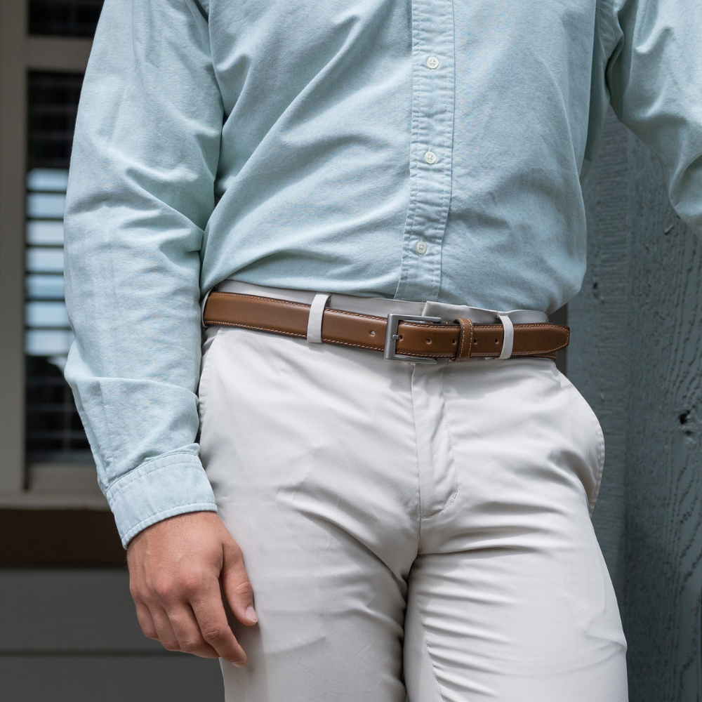 Silver Square Titanium Tan Belt on model. Tan dress belt ideal for khakis and professional wear. 