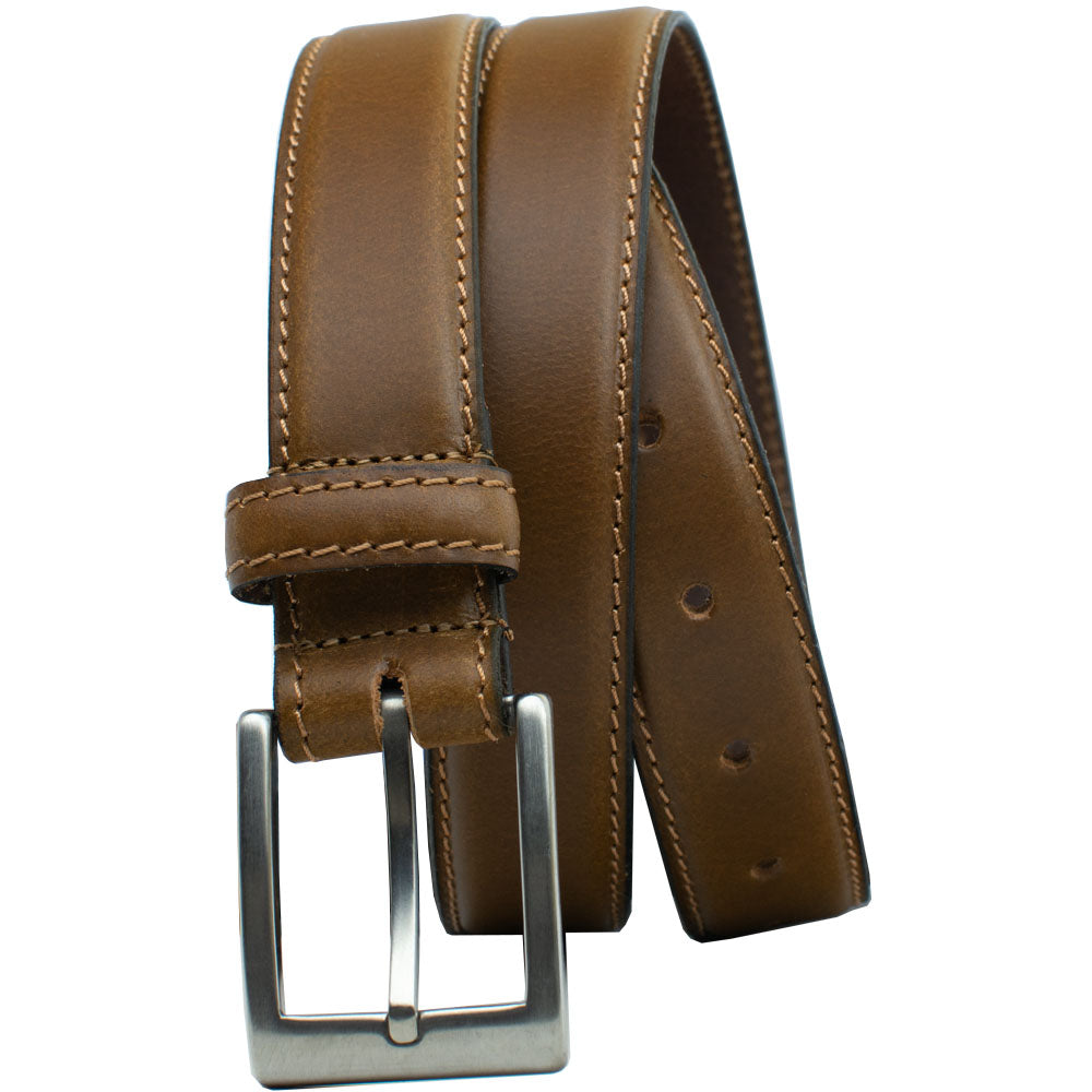 Silver Square Titanium Tan Belt by Nickel Smart. Dress belt for business wear, 1¼ inches in width