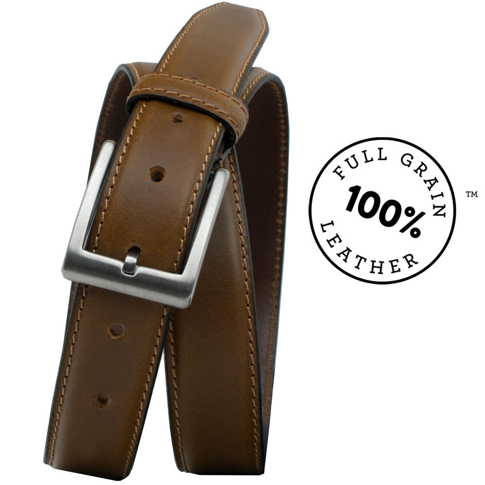 Silver Square Titanium Tan Belt. 100% full grain with slightly domed center for professional style