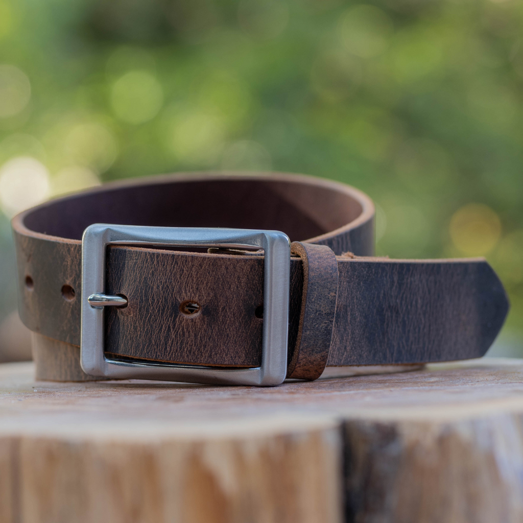 Image of Brown Distressed Leather work belt. 1.5 inch wide with stainless steel center bar buckle