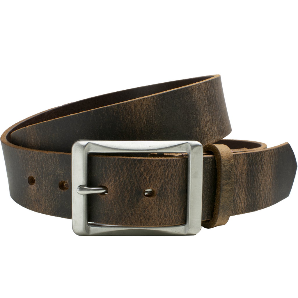 Brown Distressed Leather work belt with stainless steel center bar buckle. Site Manager Belt