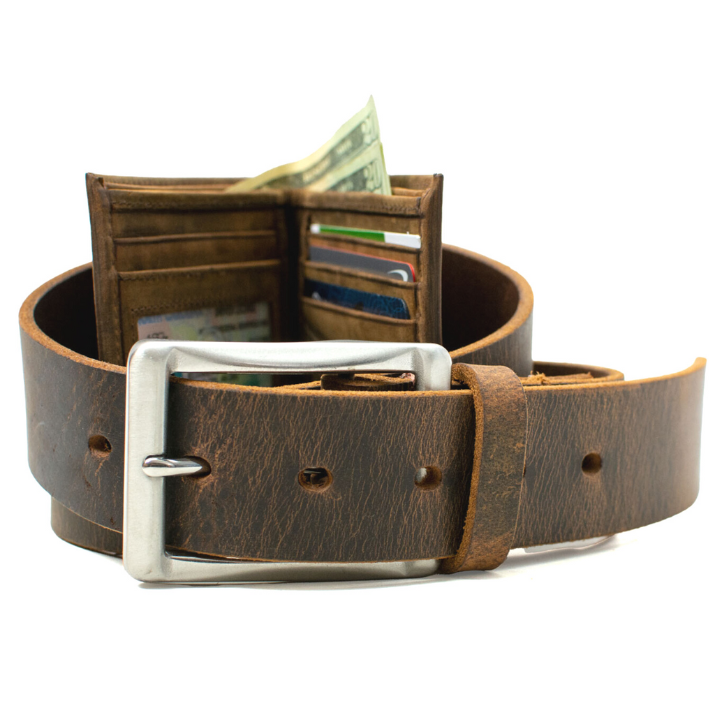 Randolph Wallet open and wrapped in Site Manager Belt. All-in-one gift set.