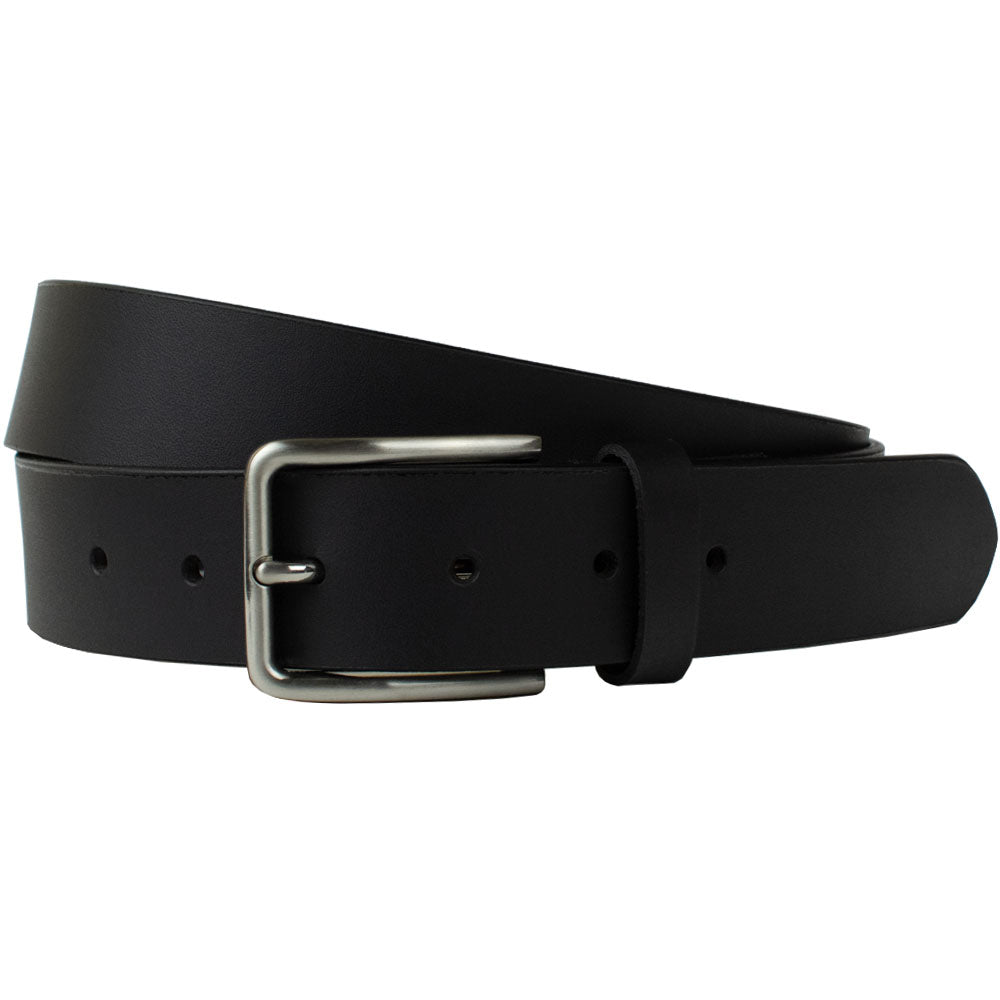 Slick City Belt Black Leather Belt. Thin square zinc alloy buckle with single pin and curved corners