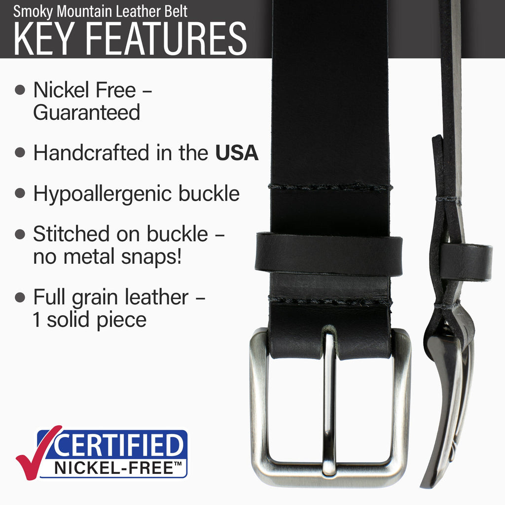 Guaranteed nickelfree, made in USA, hypoallergenic buckle stitched to solid full grain leather strap