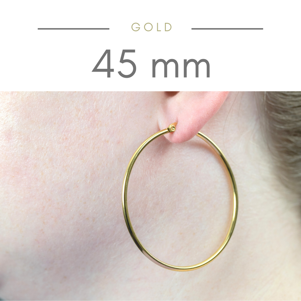 45 millimeter gold plated stainless steep hoops. hypoallergenic by Nickel Smart