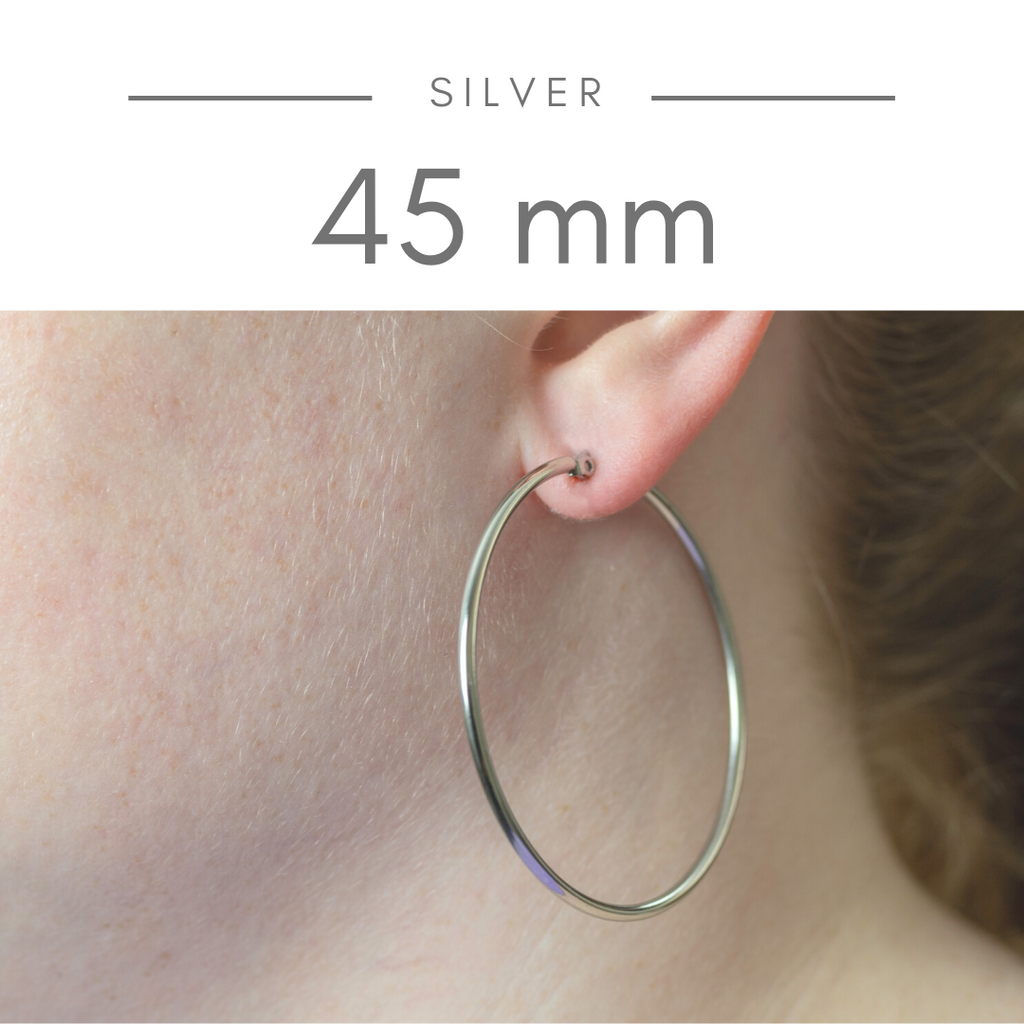 45 millimeter silver stainless steep hoops. Hypoallergenic by Nickel Smart