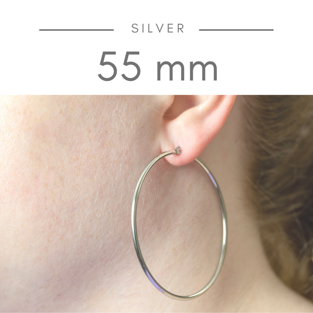 55 millimeter silver stainless steep hoops. Hypoallergenic by Nickel Smart