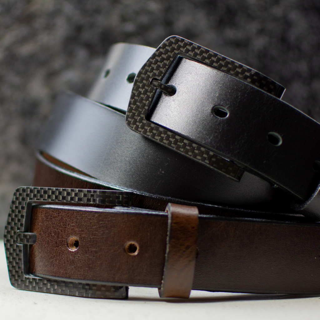 Image of The Stealth Black and Brown Leather Belt set by Nickel Smart. Nickel Free, TSA Friendly
