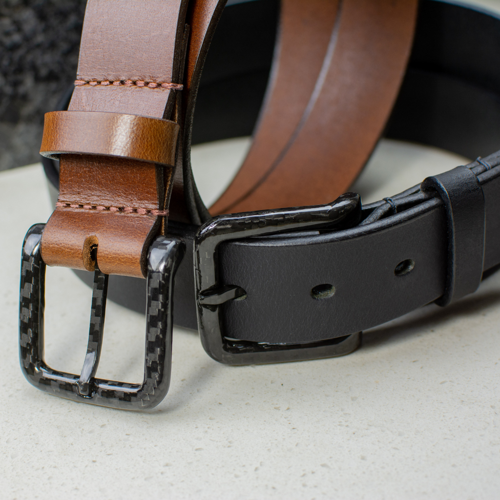 The Specialist Belt Set by Nickel Smart. Light weight carbon fiber buckles with full grain leather