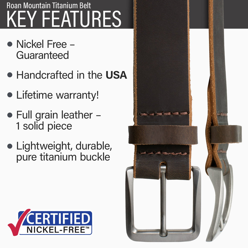 Hypoallergenic lightweight durable pure titanium, made in USA, lifetime warranty, full grain leather