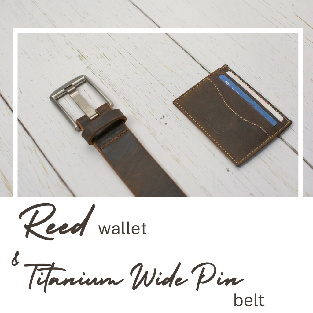 Reed Wallet & Titanium Wide Pin Belt. Great craftsmanship and soft, flexible distressed leather.