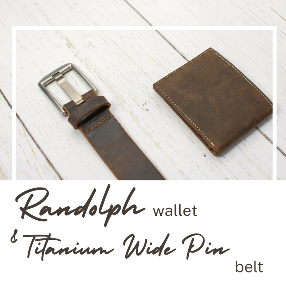 Wide Pin Titanium Belt Set with Matching Distressed Leather Wallet 38 inch / Bifold Wallet - Randolph / Distressed Brown
