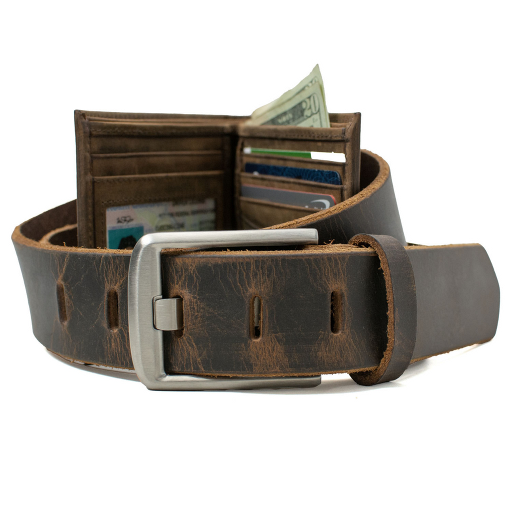 Randolph wallet opened and wrapped in Titanium Wide Pin Belt. Silver-toned pure titanium buckle.