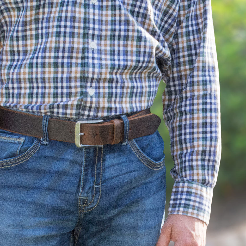 Mt. Pisgah Titanium Distressed Leather Belt on model. Work belt also works as casual belt with jeans