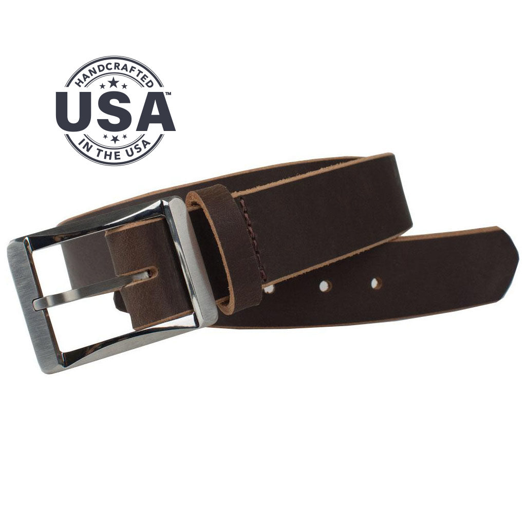 Titanium Work Belt II (Brown). Handcrafted in the USA. Rectangular buckle is stitched to strap.