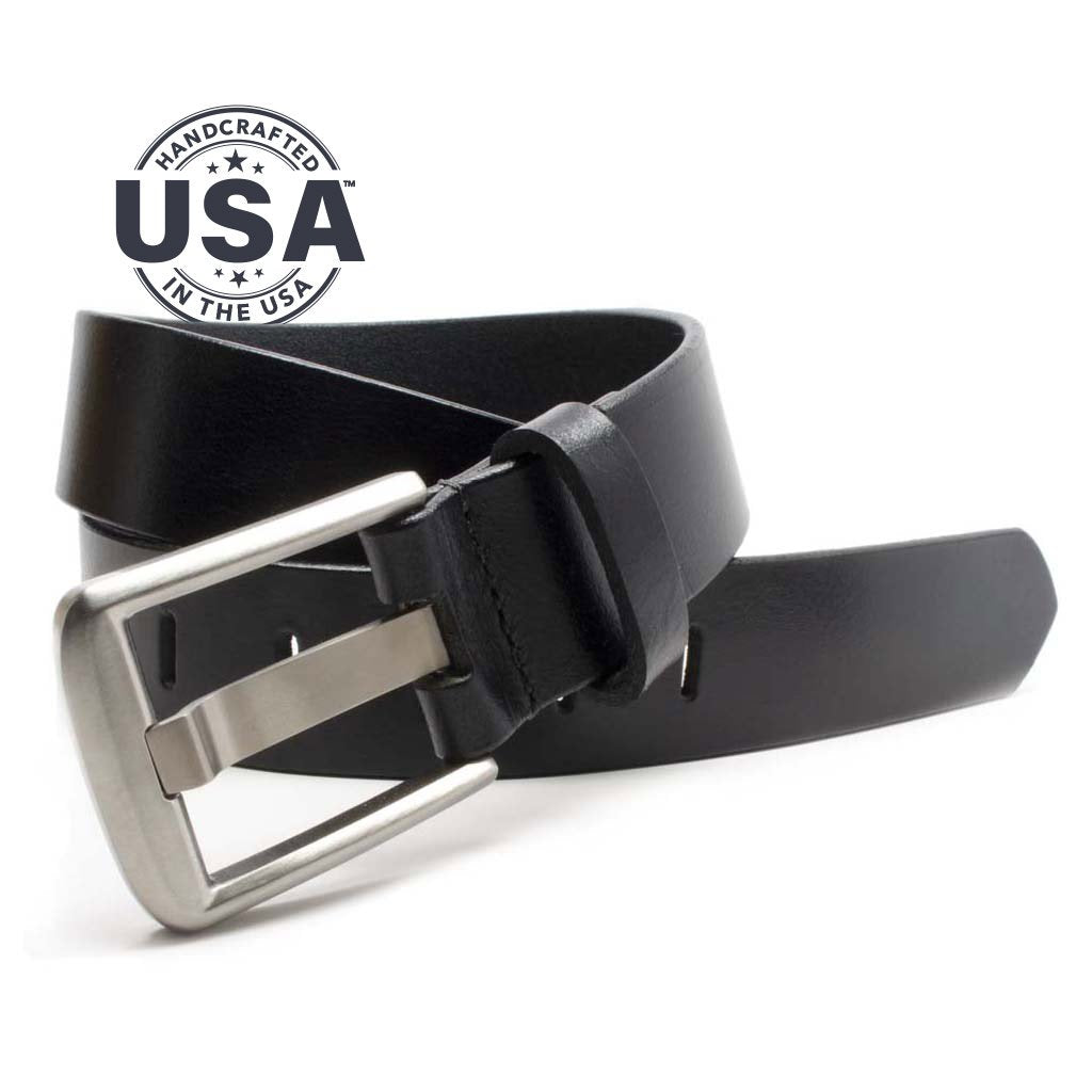Ultimate Belt Set. Titanium Wide Pin Black Belt. Handcrafted in the USA. Unique wide pin buckle