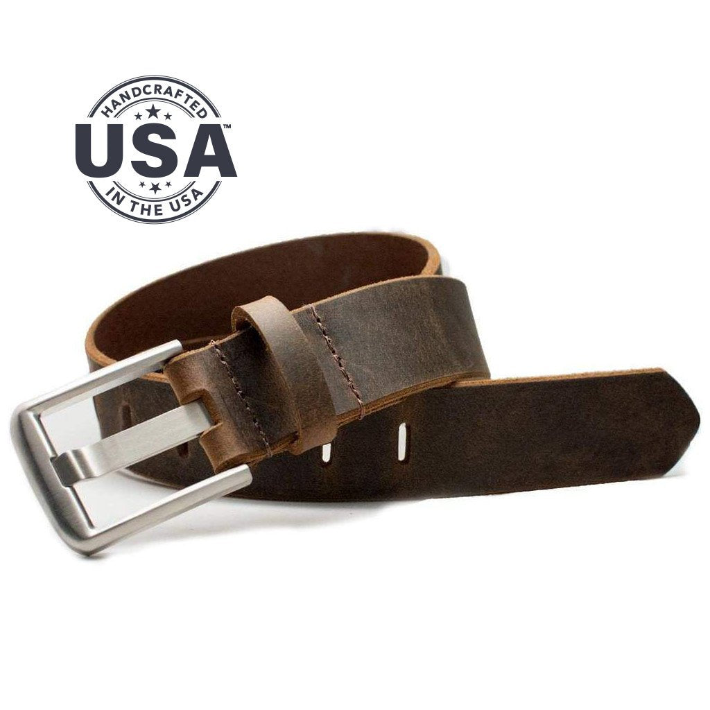 Titanium Wide Pin Distressed Leather Belt. Handcrafted in the USA. Buckle stitched to leather strap