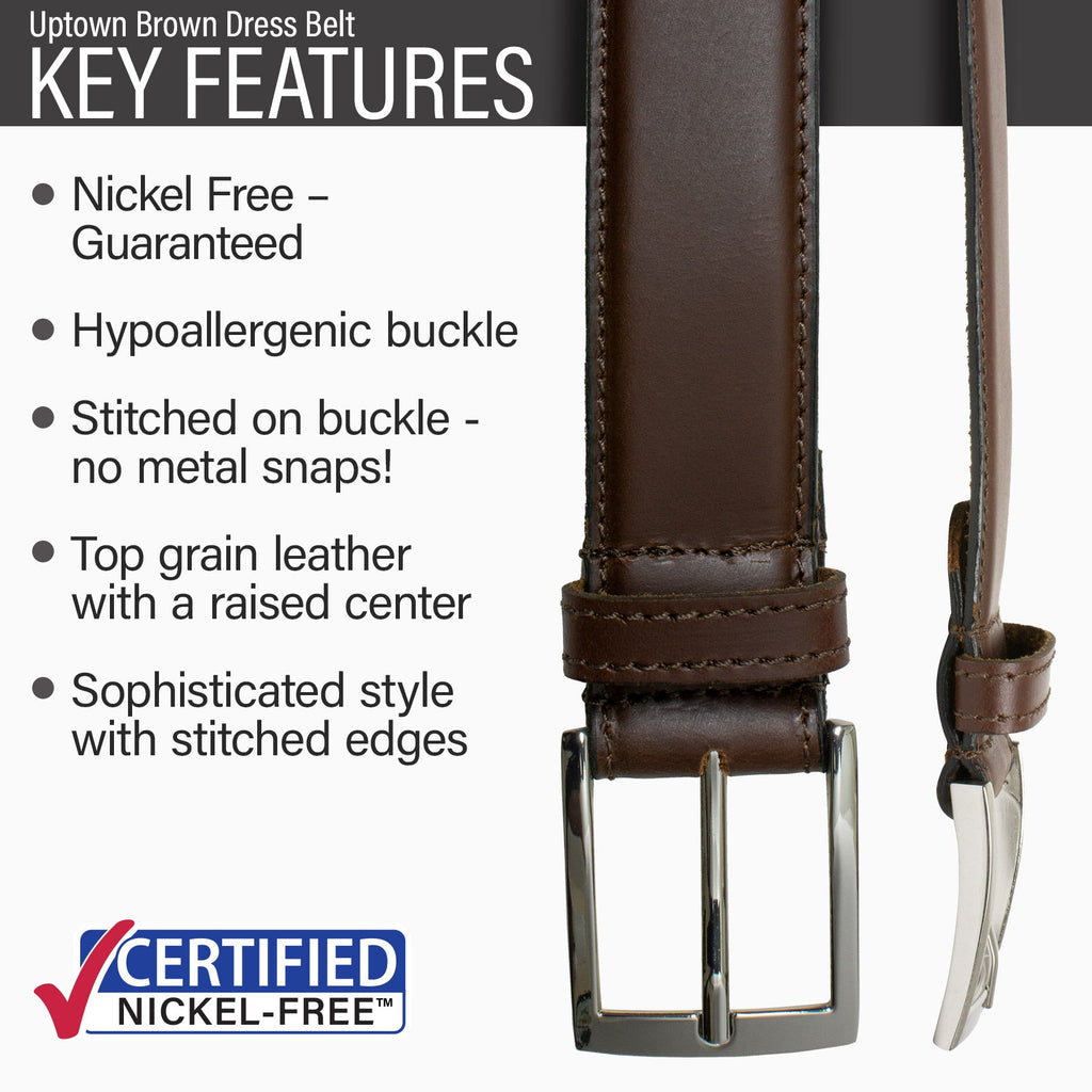 Hypoallergenic nickel-free buckle, top grain leather, sophisticated, stitched edges, dress belt