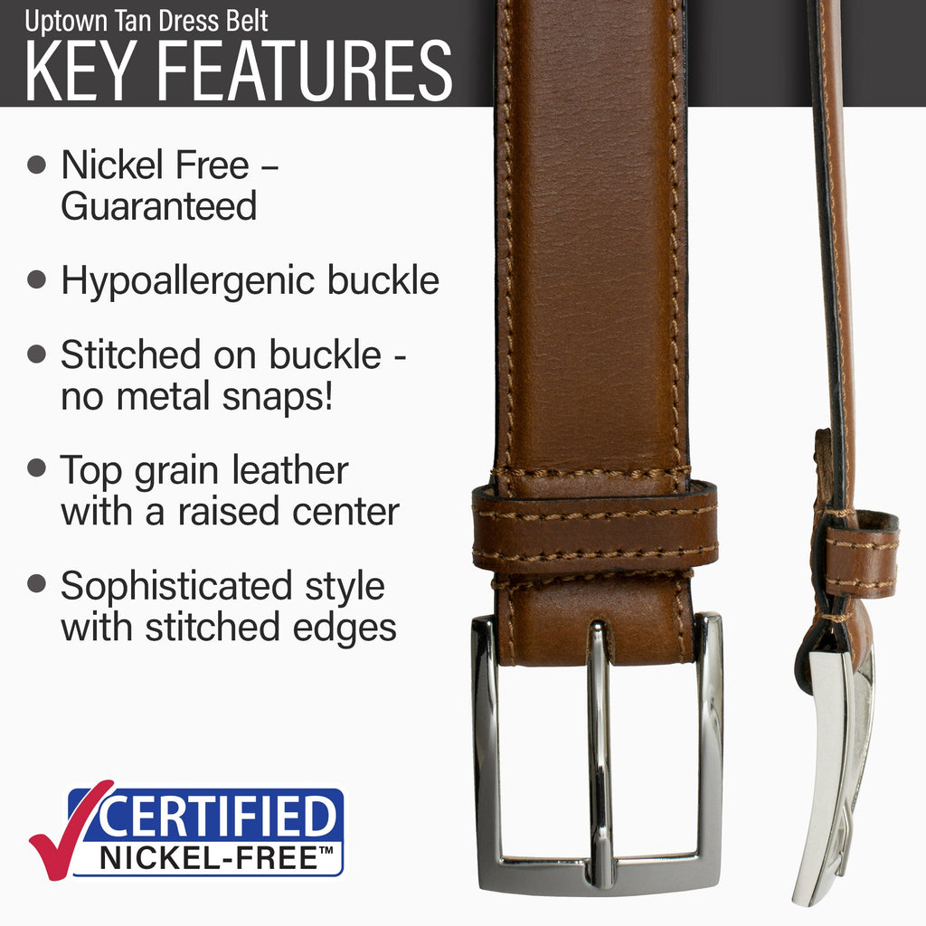 Hypoallergenic stitched-on nickel-free buckle, top grain leather, stitched edges, dress belt